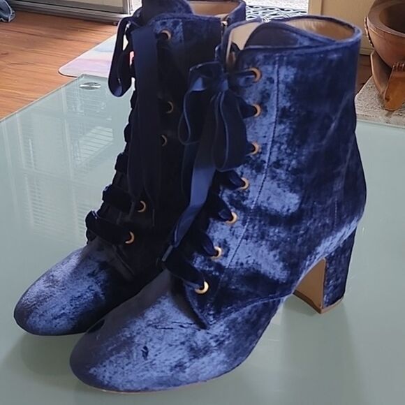 Polly Plume Crushed Blue Velvet and Leather Boots - Picture 3 of 12